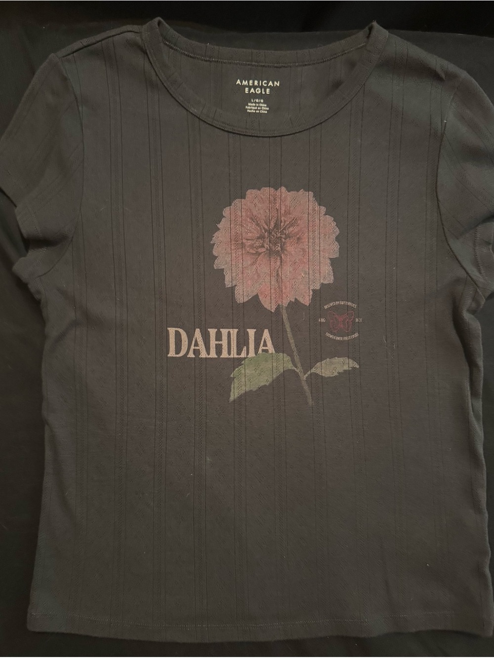 American Eagle Outfitters Black Ribbed Tee with Pink Dahlia Graphic